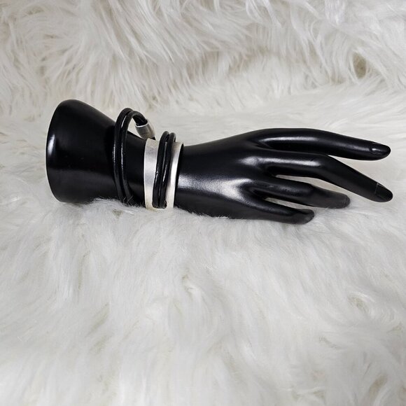 Gladiator Wrap Silver Metal Leather Black Magnetic Strand Y2K Statement Bracelet - Picture 10 of 10